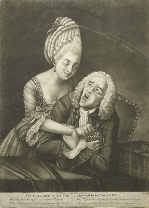 The Scramble, or Old Gripus Plunder’d By His Young Wife<br> by Philip Dawe, 1773